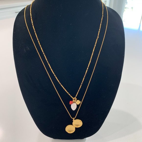 Madewell Engraved Locket Necklace Set Double Strand Layers Pendant Charms Gold - Picture 4 of 8